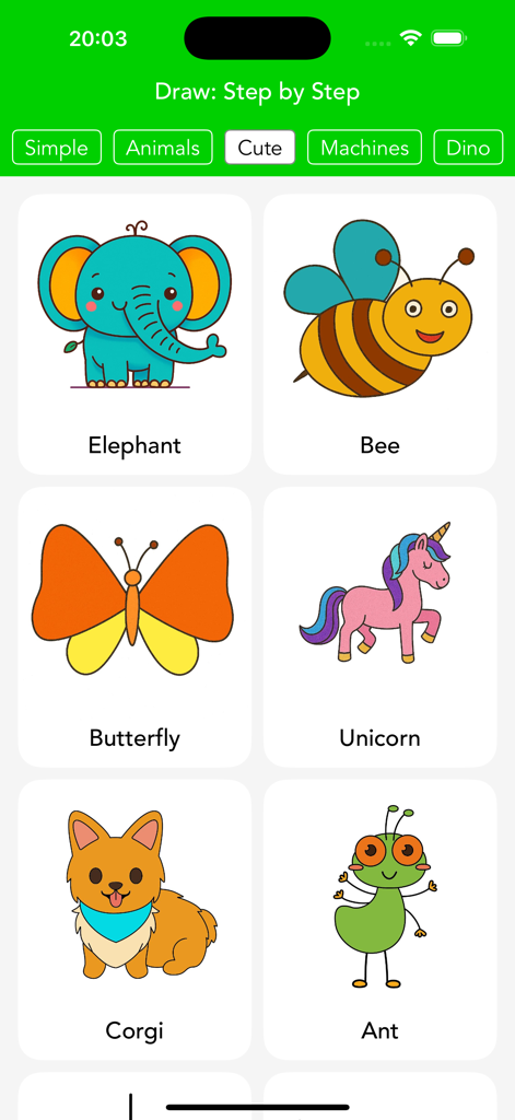 Draw: Step-by-Step Art Guide - Una selección de lindos tutoriales de dibujo de animales en la interfaz de la aplicación Draw: Step-by-Step Art Guide, mostrando un elefante, una abeja y un unicornio.