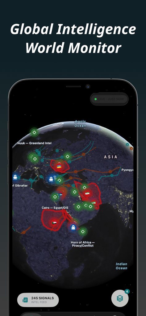 World Monitor - Intelligence - World Monitorアプリでリアルタイムのグローバルインテリジェンスと紛争地帯を示すインタラクティブなグローブマップ