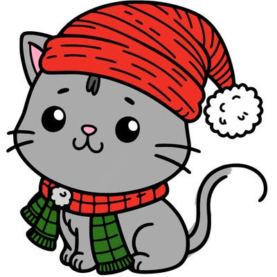 cat with a christmas hat and a scarf