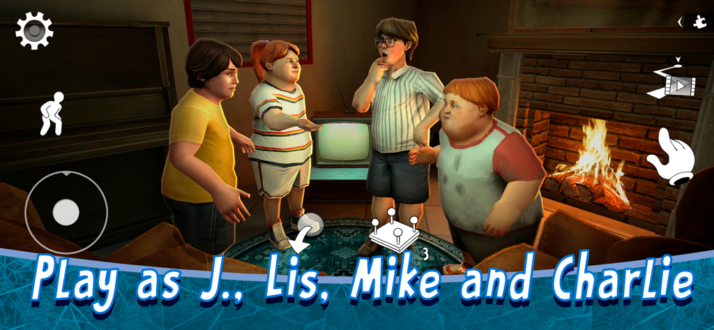 Ice Scream 8: Horror Games - Les quatre personnages principaux J, Lis, Mike et Charlie se tenant dans une pièce avec une cheminée dans Ice Scream 8