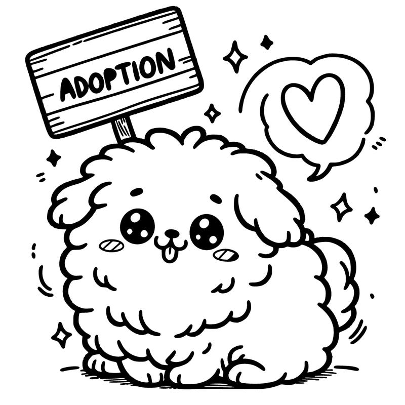 super cute fluffy dog and a sign on the top that say a adoption