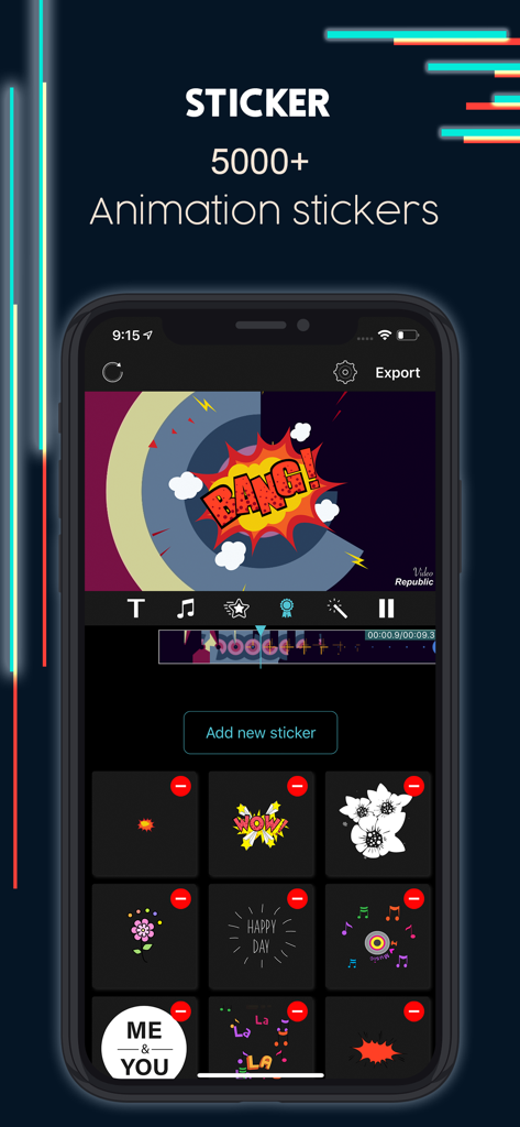 IntroTube app interface showing a library of over 5000 animation stickers for video editing