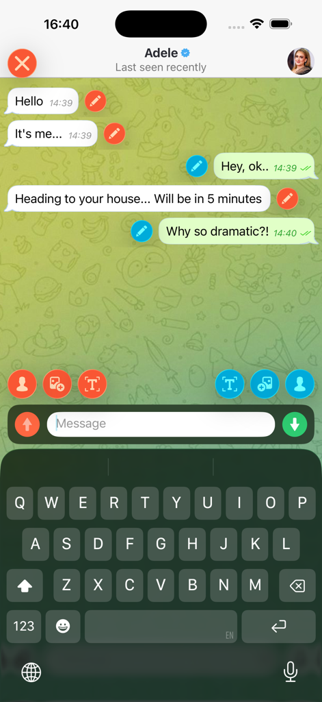 Editing a simulated chat conversation with Adele using the Faker 2 app.