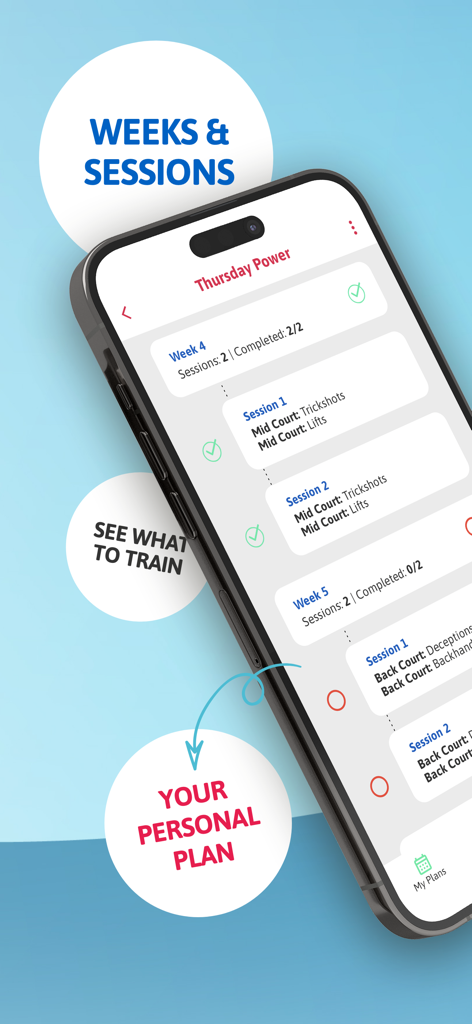 Eine mobile App-Oberfläche, die einen persönlichen Badminton-Trainingsplan mit wöchentlichen Sitzungen anzeigt.