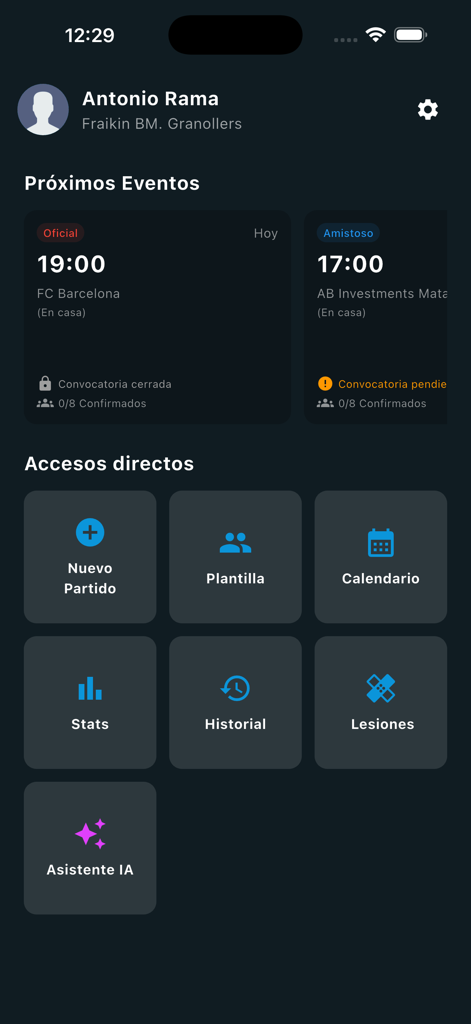 Advanced Metrics. Handball - Main dashboard of a handball coaching app showing upcoming match schedules and quick access buttons for team stats and roster management