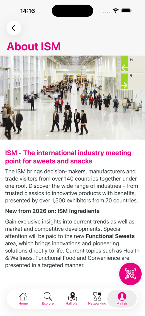 ISM Cologne - About section of the ISM Cologne app featuring trade fair details and a photo of the exhibition hall