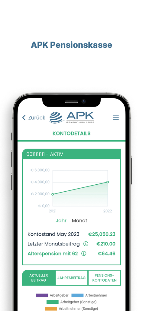 APK Pensionskasse - La interfaz de la aplicación APK Pensionskasse muestra el saldo de los ahorros para la jubilación y un gráfico de crecimiento