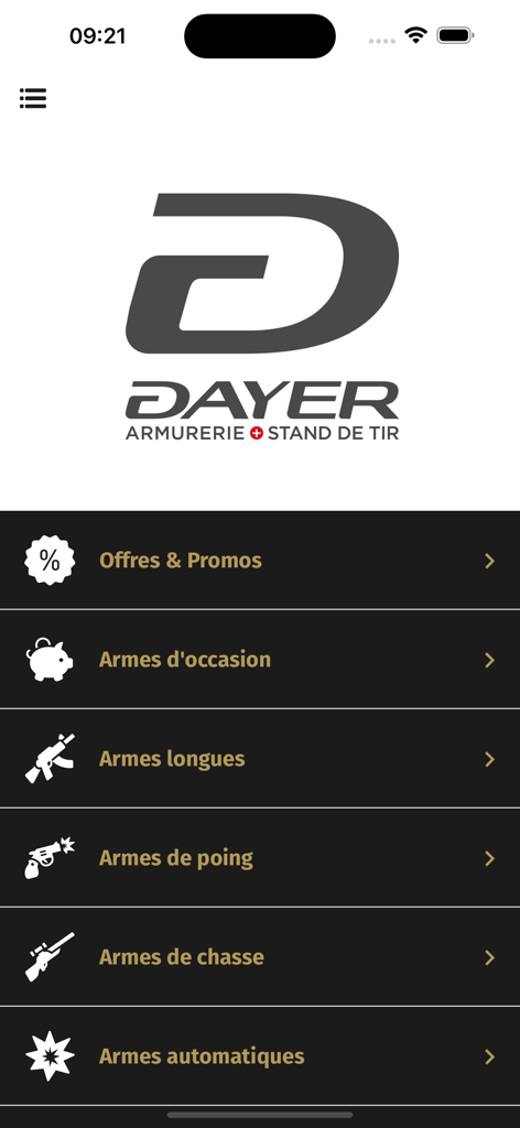 Interface de l'application DASA montrant les catégories d'armes à feu pour pistolets, fusils et matériel de chasse