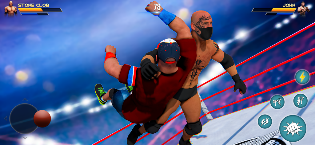 Real Wrestlers Championship 3D - Escena de acción de dos luchadores peleando en un ring 3D con barras de salud y controles mostrados