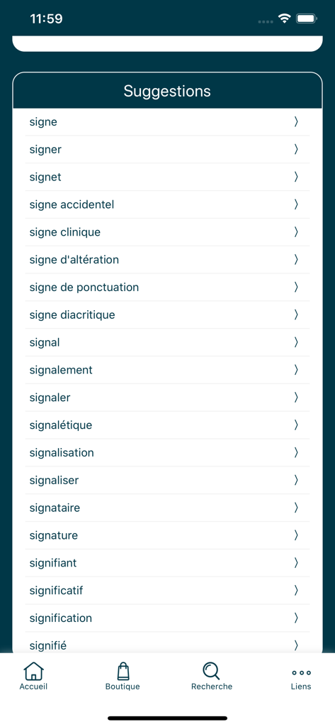 Elix - Écran de suggestions de recherche dans le dictionnaire français-langue des signes française d'Elix montrant une liste de mots français