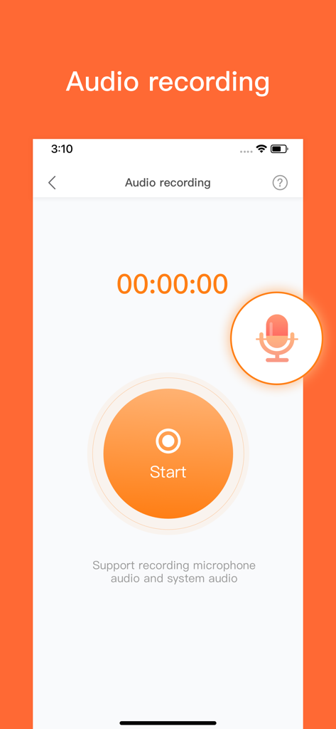 DU Recorder app interface for recording microphone and system audio with a start button
