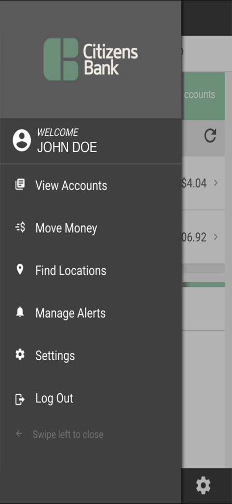 Citizens Bank (IN) - Citizens Bank IN mobile app navigation menu showing account and money transfer options