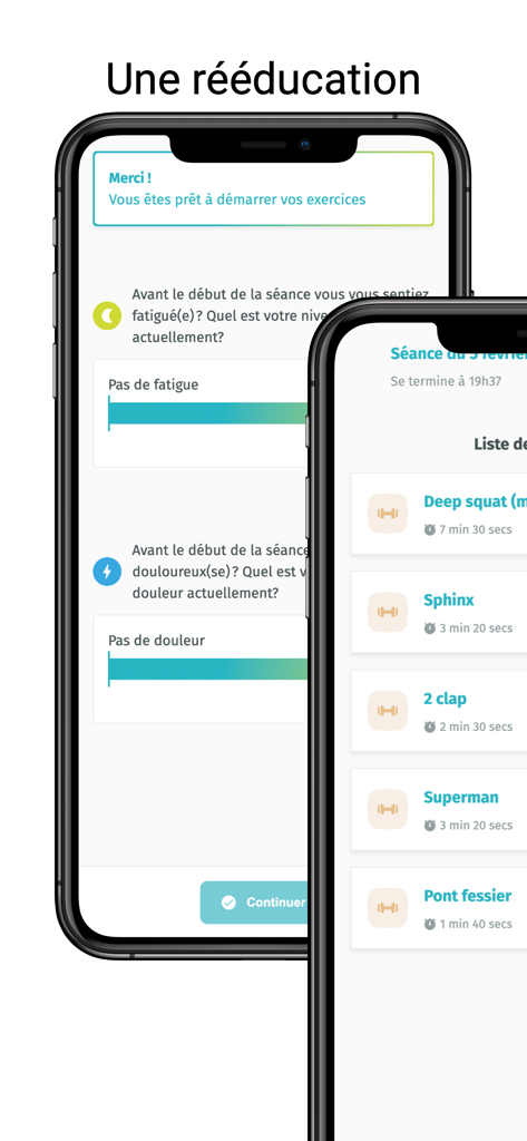 Recov'up - Interface do aplicativo móvel Recovup mostrando uma lista de exercícios de reabilitação física e uma tela de avaliação de saúde.
