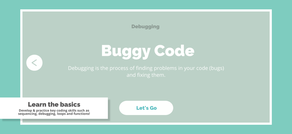 Rodocodo: Code Hour - Tela educacional do aplicativo Rodocodo explicando depuração e correção de código com bugs para crianças