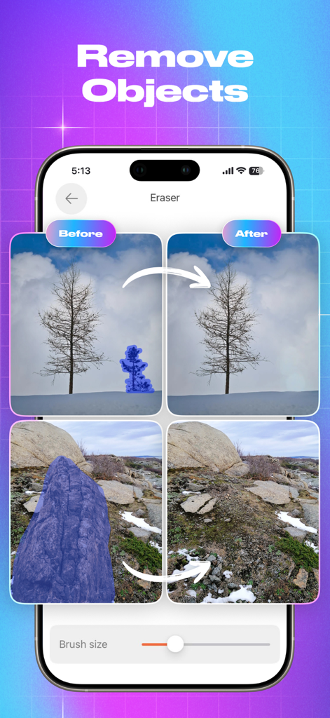 Photo Removerアプリのインターフェースを表示するスマートフォン画面。屋外写真のオブジェクト除去の前後の比較。