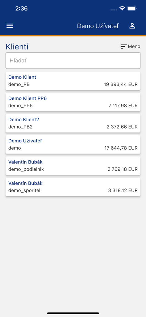 A list of client accounts and investment balances in the IAD Mobile app interface