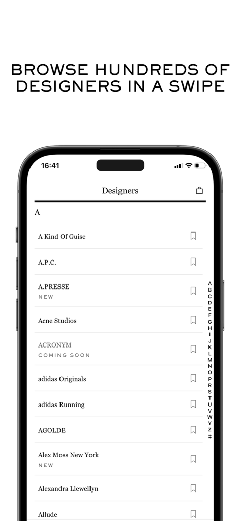 Écran de l'application MR PORTER montrant une liste alphabétique de créateurs de mode masculine de luxe.