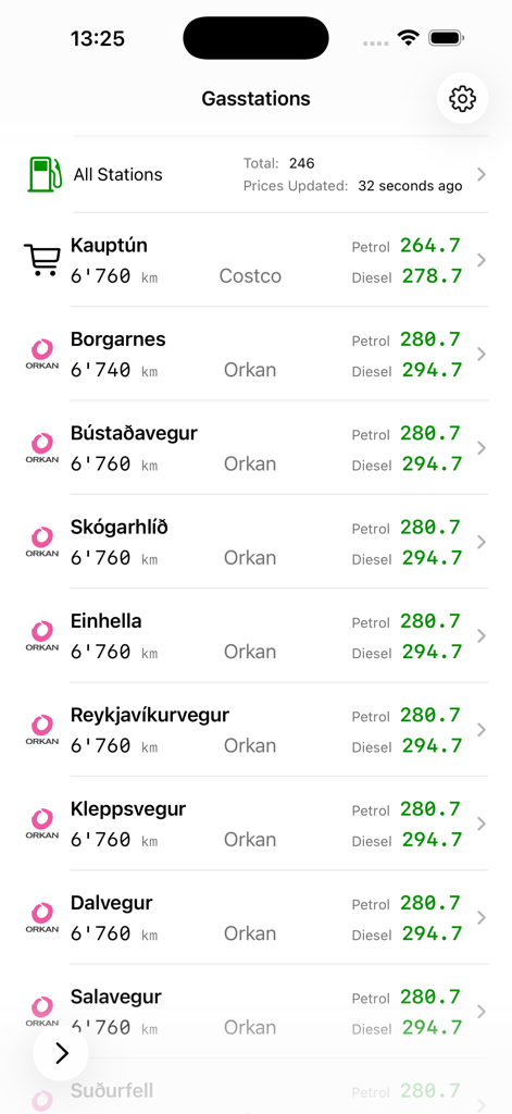 Bensin app interface showing a list of gas stations in Iceland with petrol and diesel prices and distances.