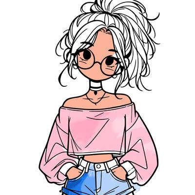 girl with a messy ponytail glasses a baggy crop top and jean shorts