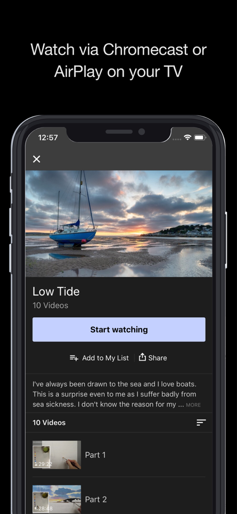 MICHAEL JAMES SMITH TV - 夕暮れ時にビーチに船が描かれた「Low Tide」というタイトルの風景画チュートリアルを表示するMICHAEL JAMES SMITH TVアプリのインターフェース。