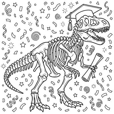 Get ready to color a truly prehistoric celebration! This unique page features a T-Rex skeleton proudly graduating with a cap and diploma, surrounded by festive confetti and stars.