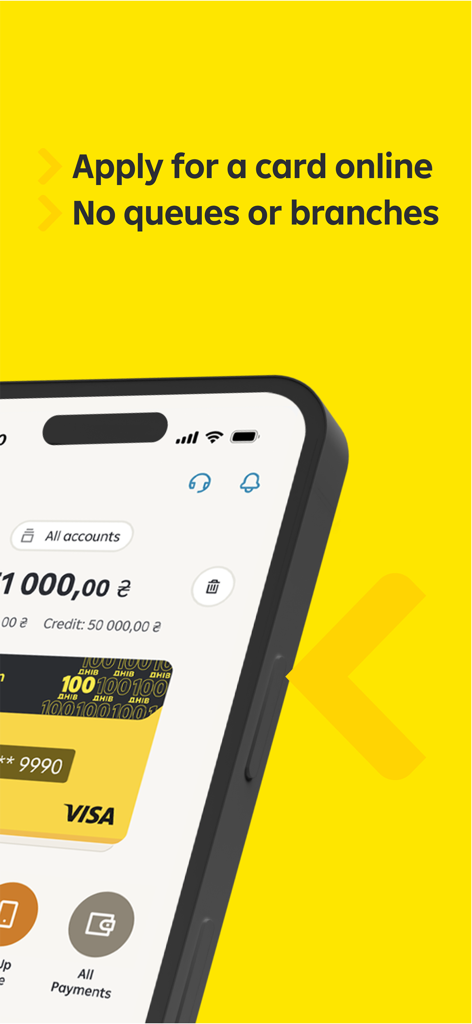 MyRaif from Raiffeisen Bank - Um smartphone exibindo a interface do aplicativo MyRaif ao lado de um texto dizendo 'solicite um cartão online sem filas ou agências'