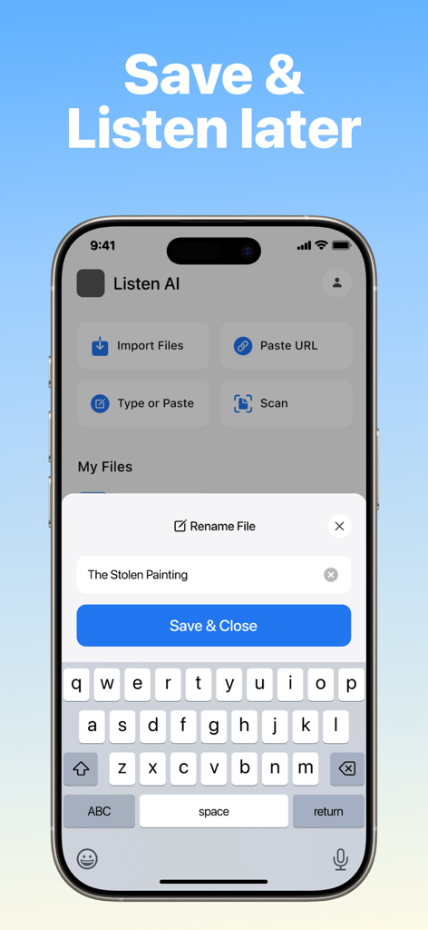 ListenMe App-Oberfläche mit Optionen zum Importieren von Dateien, Einfügen von URLs und Scannen von Dokumenten für Text-zu-Sprache-Konvertierung.