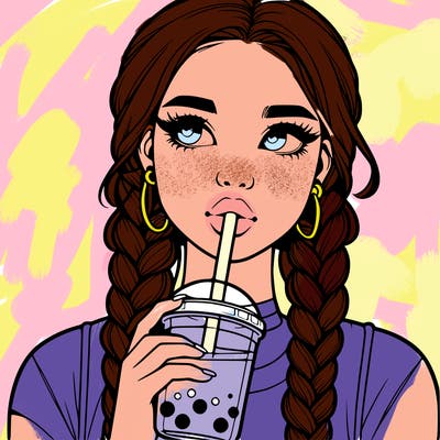 realistic girl with braided hair drinking boba