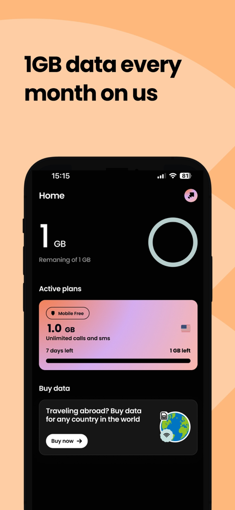 Instabridge: eSIM + Internet - Instabridge Mobile App-Oberfläche, die ein Gigabyte kostenlose monatliche Daten und aktive eSIM-Pläne anzeigt.