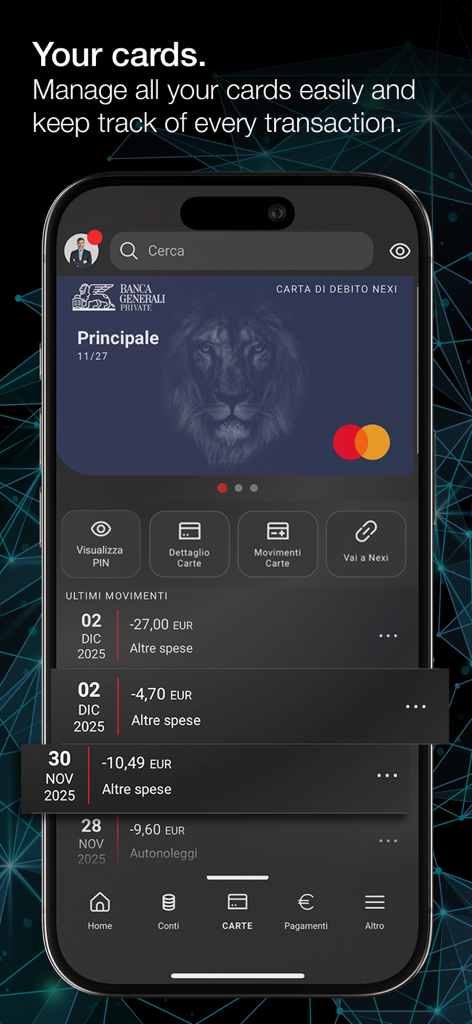 Banca Generali Private app interface showing credit card details and recent transaction history in dark mode.