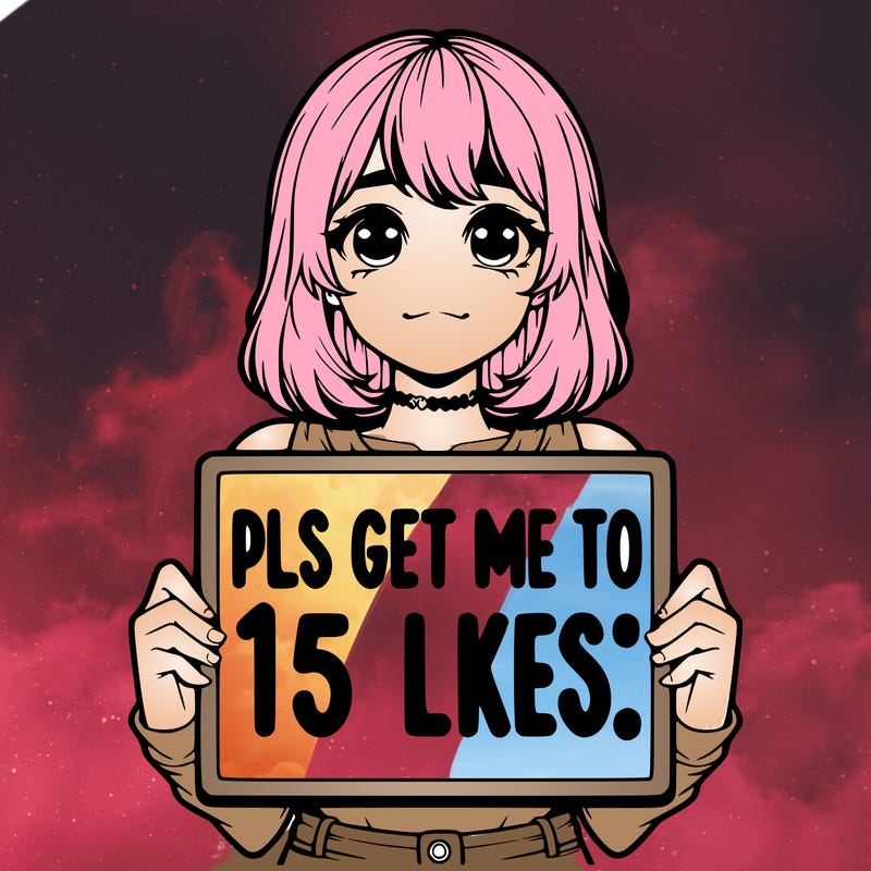 realistic girl holding up a sign that says “pls get me to 15 likes!”