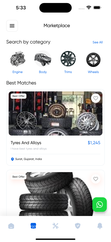 Arabia Cars app marketplace showing car parts categories and tyre listings
