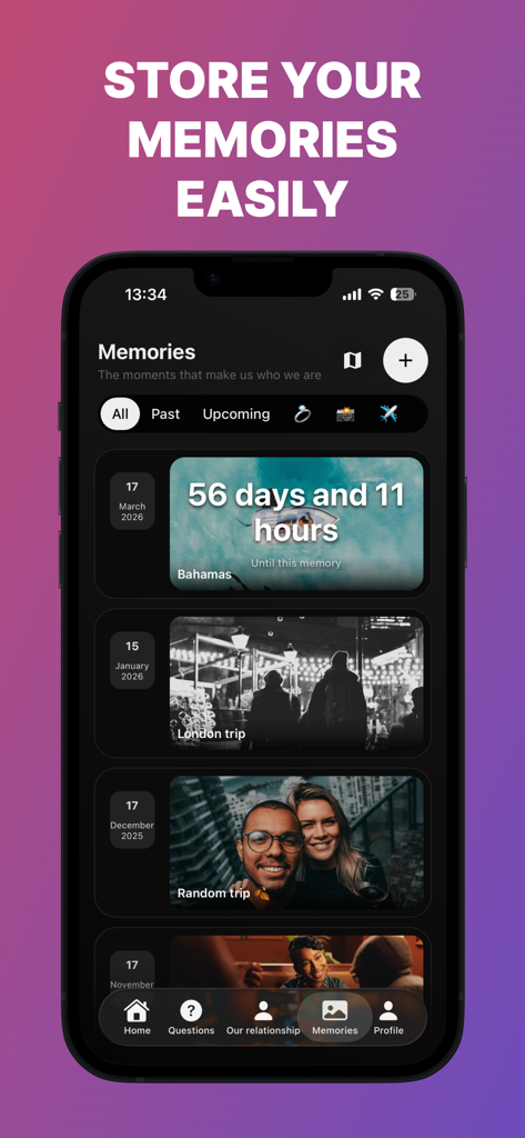 Our Story - App for couples - La pantalla de Recuerdos de la aplicación Nuestra Historia que muestra una línea de tiempo de fotos compartidas de la pareja y cuentas regresivas de viajes.
