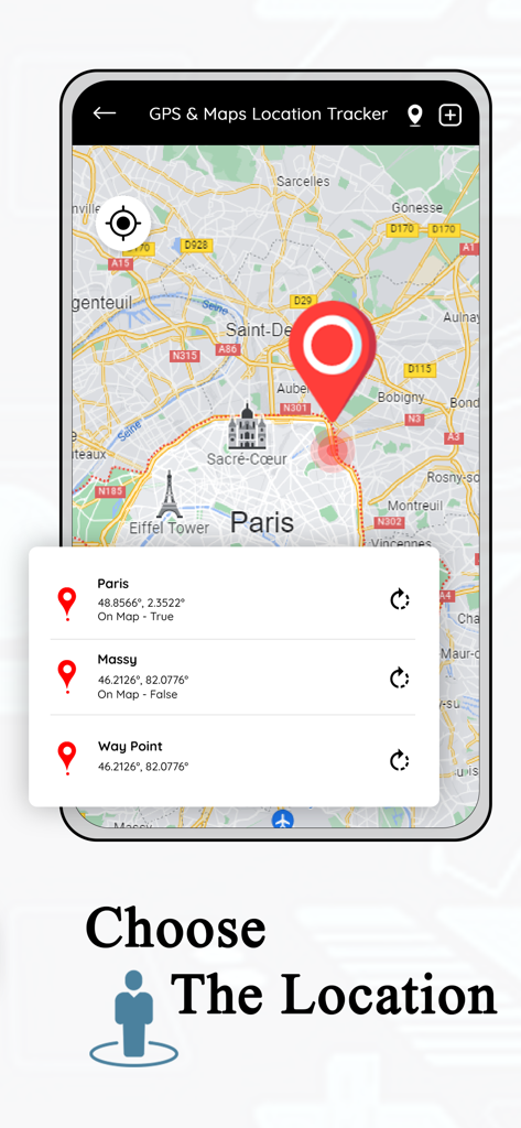 Smartphone screen showing a map of Paris with latitude and longitude coordinates for multiple locations