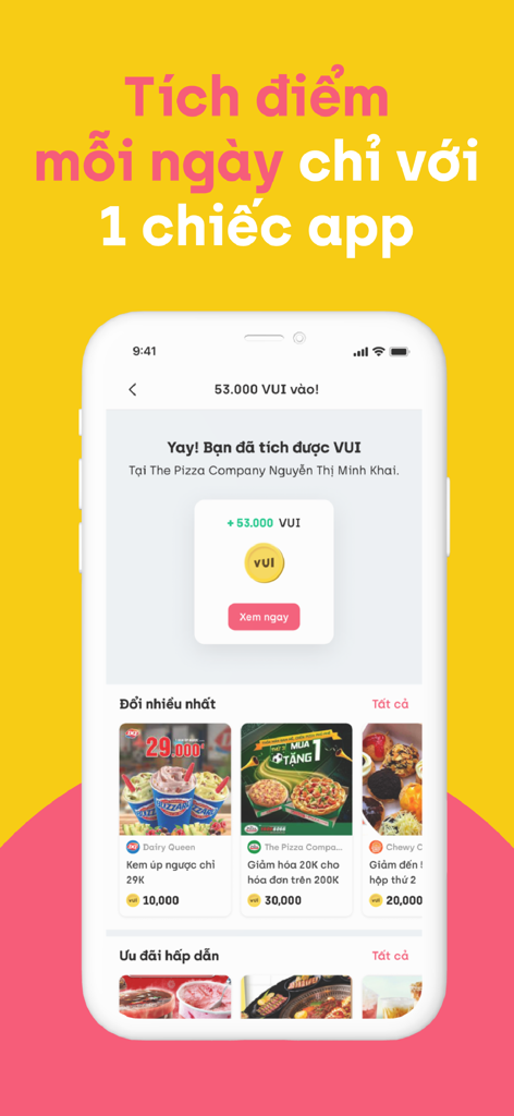 TAPTAP - Tích điểm đổi Voucher - The Pizza Companyで獲得したVUIポイントと、利用可能なさまざまな食品およびライフスタイルバウチャーを示すTAPTAPアプリのインターフェース