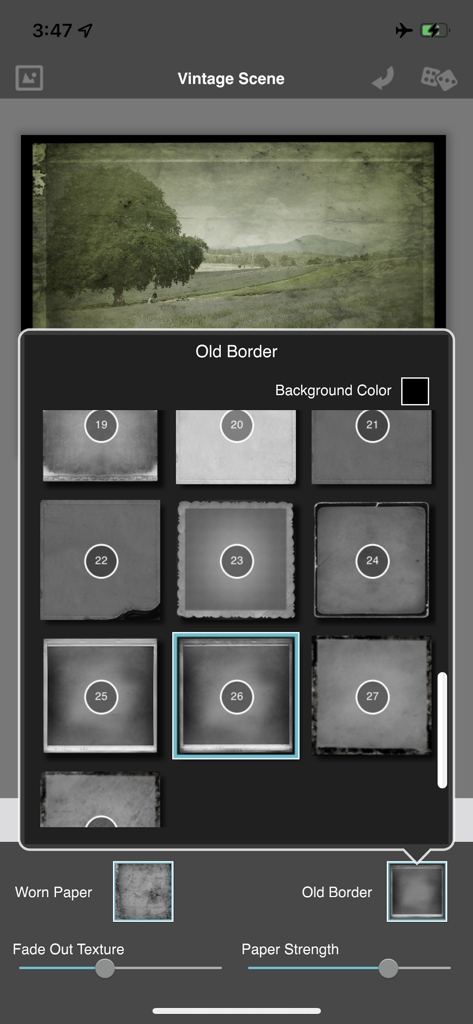 Vintage Scene - Vintage Scene app interface showing various antique border options for photo editing