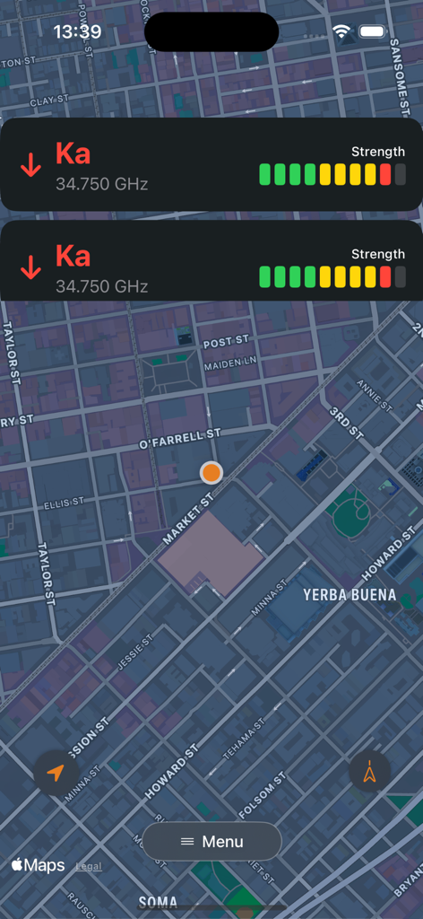 Dukes Appインターフェースに、2つのKaバンドレーダーアラートが表示されたナビゲーションマップを表示