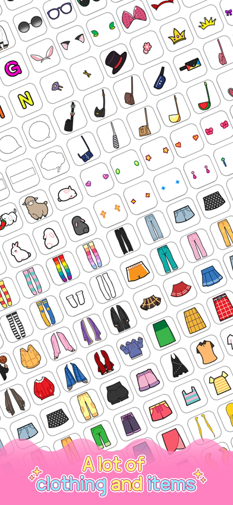 Lily Story - Lily Storyアプリで、キャラクターカスタマイズのための可愛い服のアイコンとアクセサリーアイテムのグリッド