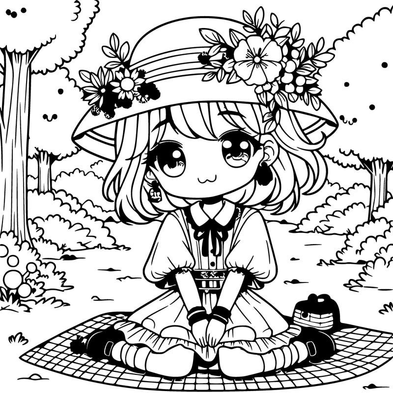 anime girl sitting in a forest wearing a flower hat has earings and nose pierce and she is wearing a short dress sitting on a carpet