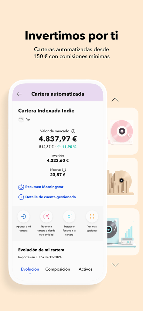 MyInvestor · Banco & Inversión - MyInvestorモバイルアプリのダッシュボード。市場価値と投資成長が表示された自動インデックスポートフォリオを特徴とする。