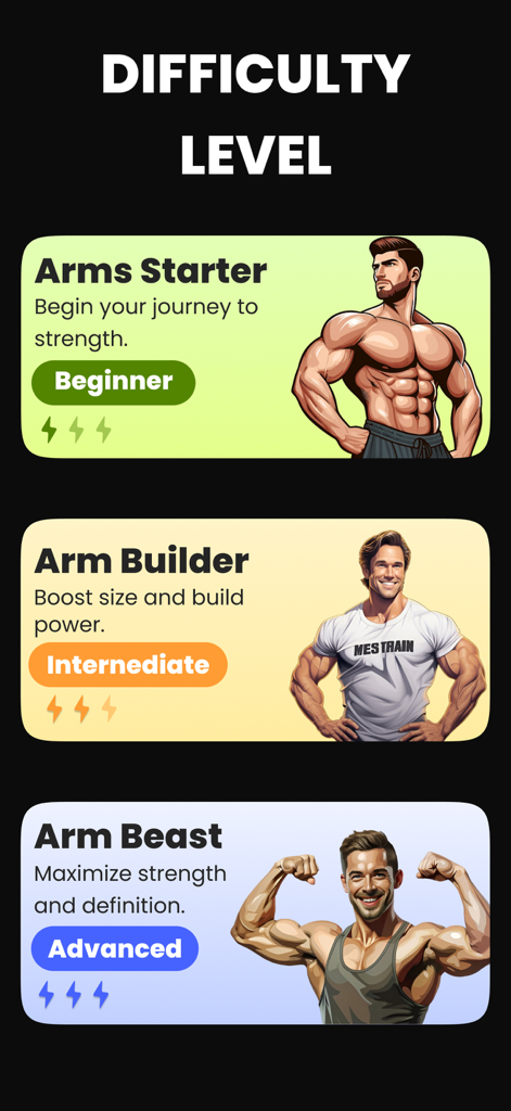 Daily Arm Workout at Home - Pantalla de selección de niveles de dificultad para la aplicación de entrenamiento de brazos con planes para principiantes, intermedios y avanzados