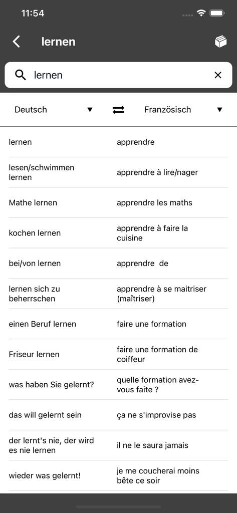 BRAINYOO Flash Cards Learning - Interface do aplicativo BRAINYOO mostrando uma lista de busca e tradução de vocabulário de alemão para francês para a palavra aprender