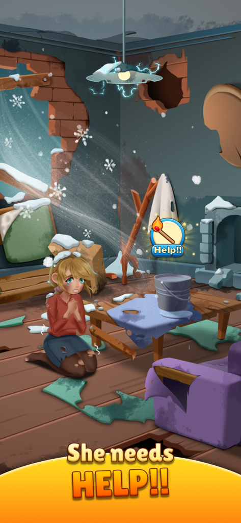 Tile Story - Match Life Puzzle - Ein trauriges Mädchen in einem verfallenen verschneiten Raum mit einem Hilferuf in Tile Story