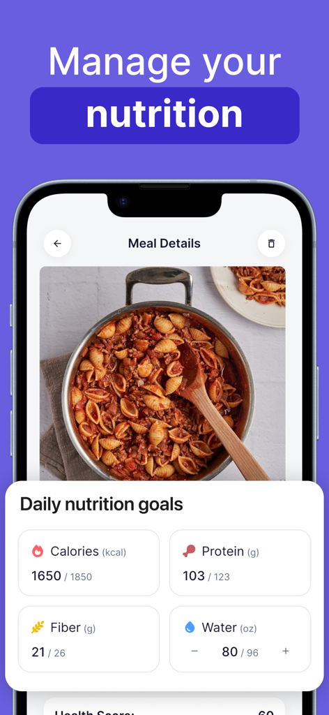 Ein Screenshot der Zepbound Tracker App-Oberfläche, der ein Essensfoto und Tagesziele für Kalorien, Protein, Ballaststoffe und Wasser zeigt