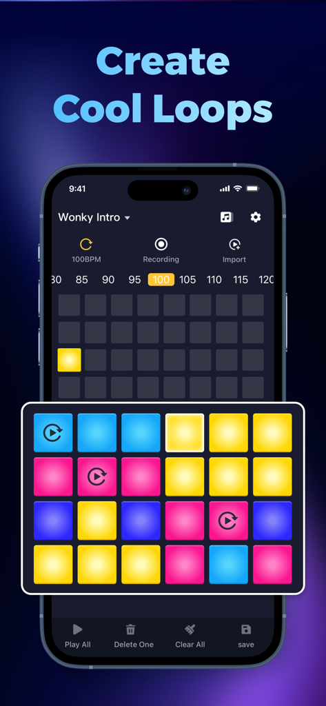 Beat Maker - Music Drum Pad - Mobile App-Oberfläche zum Erstellen von Musik-Loops mit bunten Drum-Pads