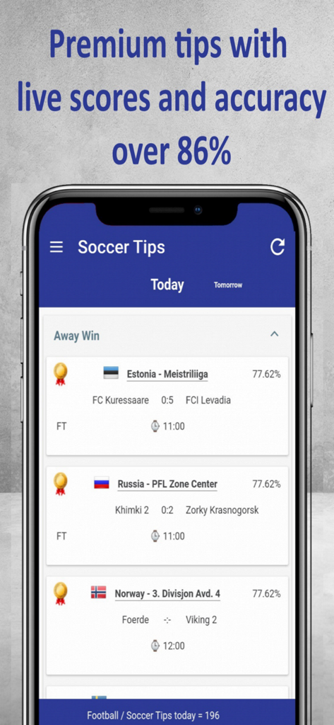 Interface of the Star Sports Tips app showing soccer betting predictions and live scores for international leagues.