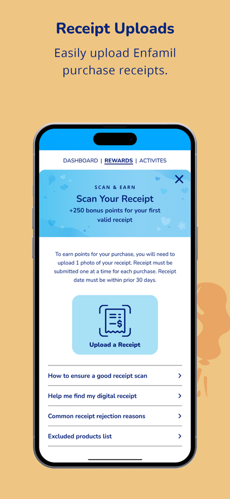 Enfamil: Baby Rewards Tracker® - Interfaccia dell'app Enfamil per la scansione e il caricamento delle ricevute per guadagnare punti premio.