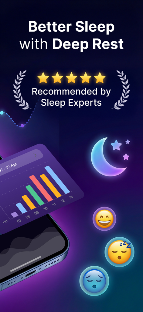 Application Snoozy de suivi du sommeil montrant des graphiques de sommeil et des recommandations d'experts.