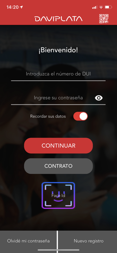 Daviplata El Salvador - Pantalla de inicio de sesión de la aplicación móvil Daviplata El Salvador con campos para la identificación DUI y el inicio de sesión con Face ID
