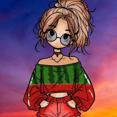 girl with a messy ponytail glasses a baggy crop top and jean shorts